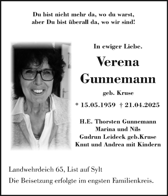 Traueranzeige von Verena Gunnemann von Sylter Rundschau