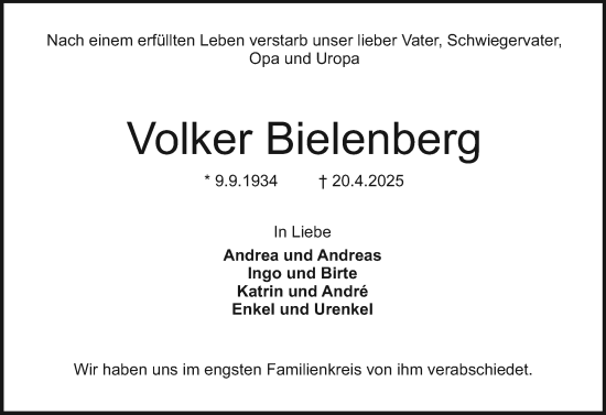 Traueranzeige von Volker Bielenberg von Holsteinischer Courier
