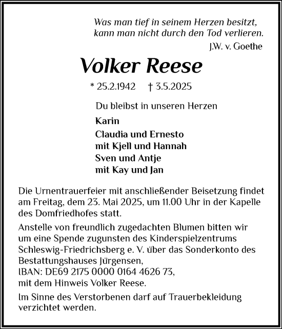 Traueranzeige von Volker Reese von Schleswiger Nachrichten, Schlei-Bote