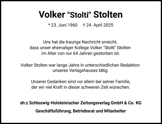 Traueranzeige von Volker Stolten von Elmshorner Nachrichten, Barmstedter Zeitung