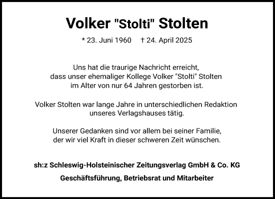 Traueranzeige von Volker Stolten von Stormarner Tageblatt