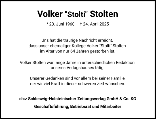 Traueranzeige von Volker Stolten von Region Flensburg