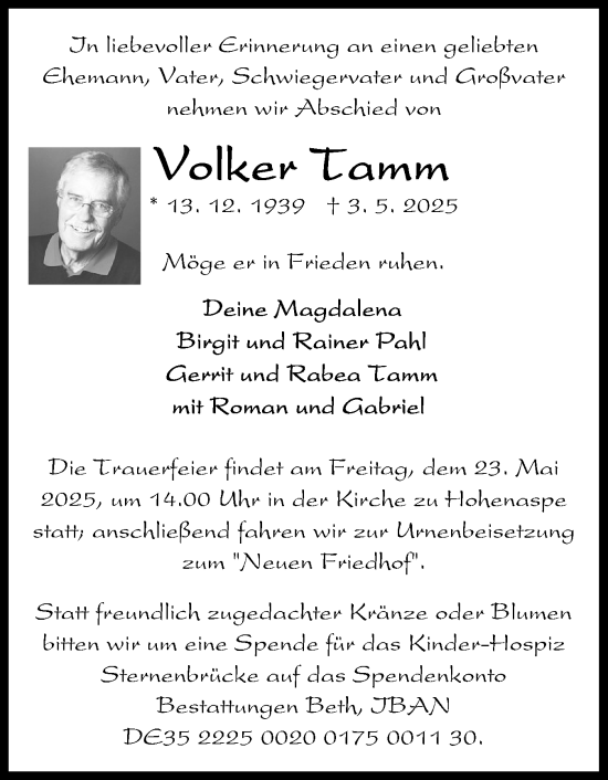 Traueranzeige von Volker Tamm von Norddeutsche Rundschau, Wilstersche Zeitung, Glückstädter Fortuna