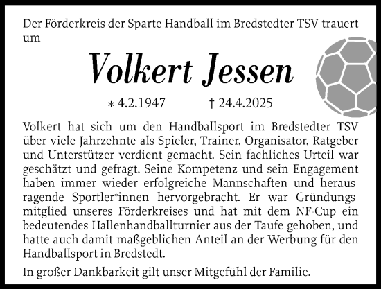 Traueranzeige von Volkert Jessen von Husumer Nachrichten, Nordfriesland Tageblatt