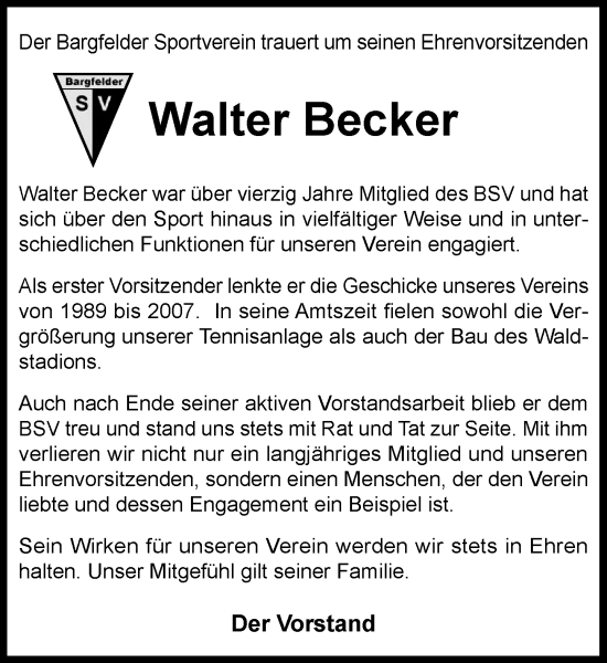 Traueranzeige von Walter Becker von MARKT Ahrensburg/Bargteheide/Trittau und Stormarner Tageblatt