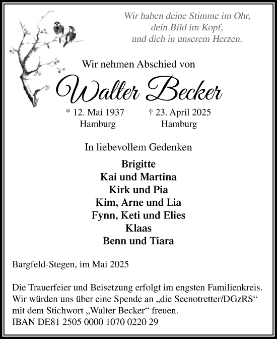 Traueranzeige von Walter Becker von MARKT Ahrensburg/Bargteheide/Trittau und Stormarner Tageblatt