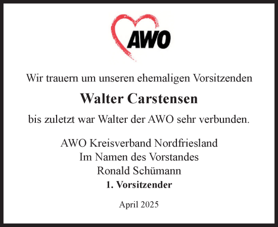 Traueranzeige von Walter Carstensen von Husumer Nachrichten, Nordfriesland Tageblatt