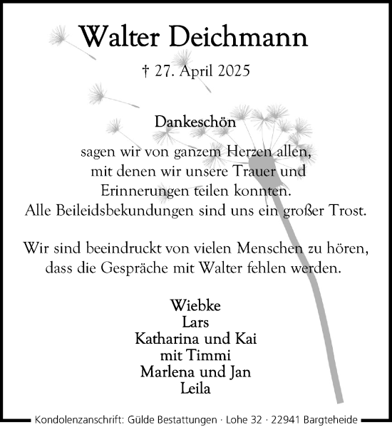Traueranzeige von Walter Deichmann von MARKT Ahrensburg/Bargteheide/Trittau und Stormarner Tageblatt