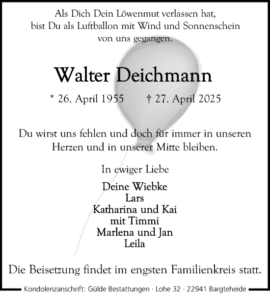 Traueranzeige von Walter Deichmann von MARKT Ahrensburg/Bargteheide/Trittau und Stormarner Tageblatt