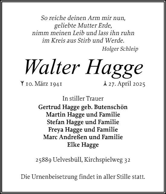 Traueranzeige von Walter Hagge von Husumer Nachrichten, Nordfriesland Tageblatt