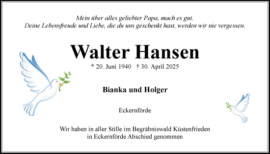 Traueranzeige von Walter Hansen von Eckernförder Zeitung, Hallo Eckernförde