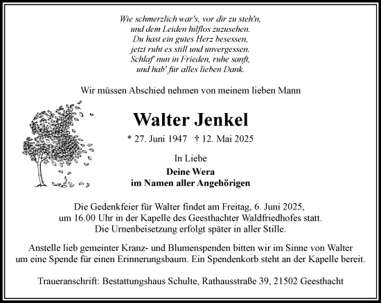 Traueranzeige von Walter Jenkel von Wochenend Anzeiger