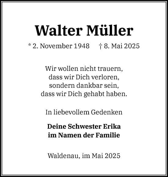 Traueranzeige von Walter Müller von Region Pinneberg und tip Pinneberg