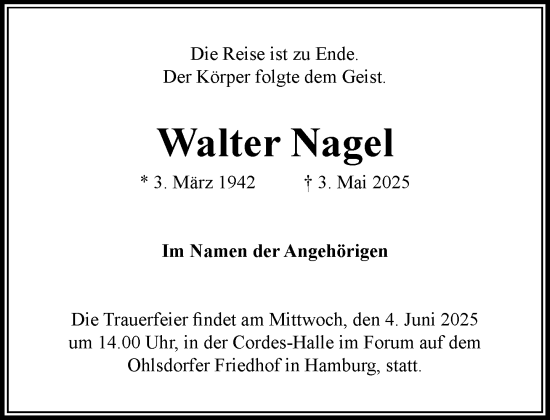 Traueranzeige von Walter Nagel von MARKT Ahrensburg/Bargteheide/Trittau und Stormarner Tageblatt