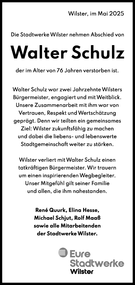 Traueranzeige von Walter Schulz von Norddeutsche Rundschau, Wilstersche Zeitung, Glückstädter Fortuna