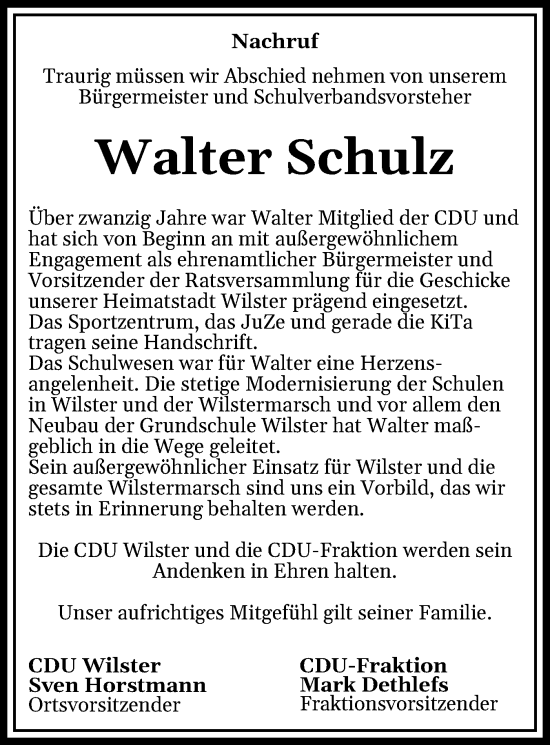 Traueranzeige von Walter Schulz von Norddeutsche Rundschau, Wilstersche Zeitung, Glückstädter Fortuna