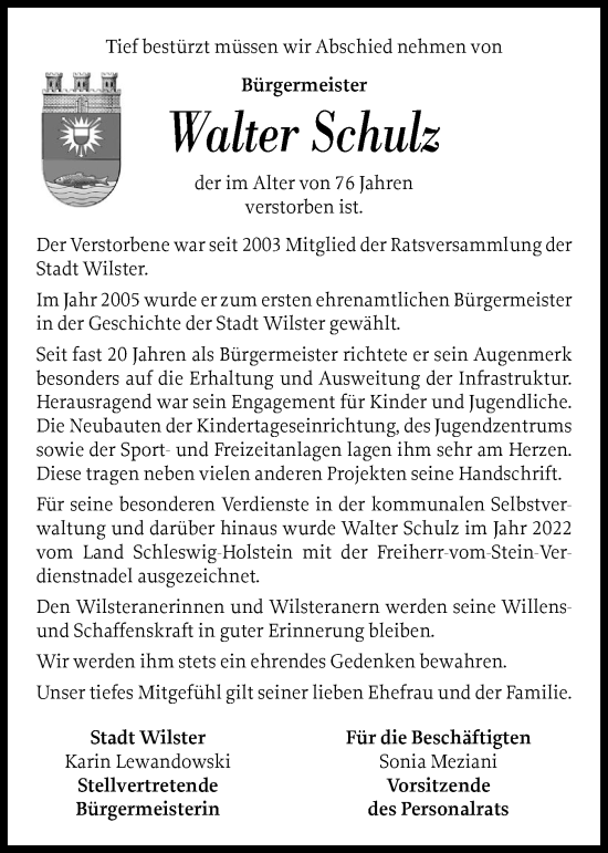 Traueranzeige von Walter Schulz von Norddeutsche Rundschau, Wilstersche Zeitung, Glückstädter Fortuna