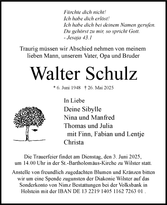 Traueranzeige von Walter Schulz von Norddeutsche Rundschau, Wilstersche Zeitung, Glückstädter Fortuna