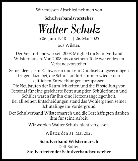 Traueranzeige von Walter Schulz von Norddeutsche Rundschau, Wilstersche Zeitung, Glückstädter Fortuna