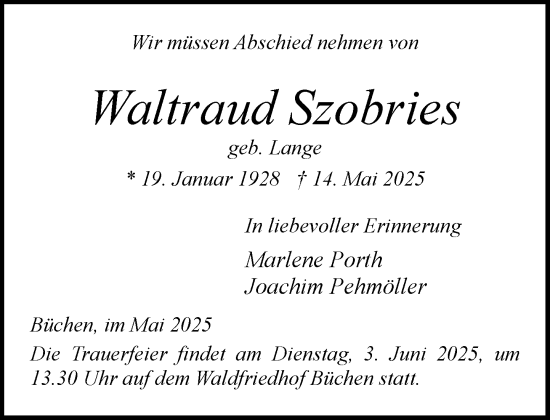 Traueranzeige von Waltraud Szobries von Wochenend Anzeiger
