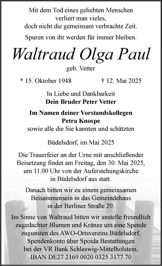 Traueranzeige von Waltraud Olga Paul von Schleswig-Holsteinische Landeszeitung