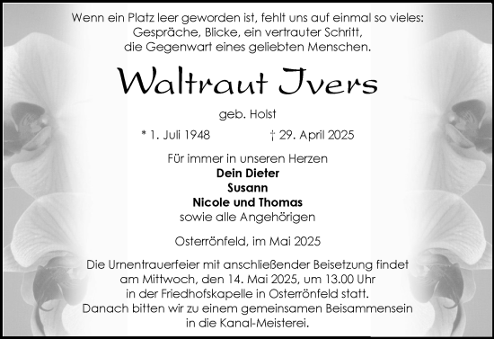 Traueranzeige von Waltraut Ivers von Schleswig-Holsteinische Landeszeitung