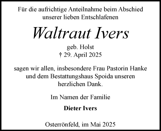 Traueranzeige von Waltraut Ivers von Schleswig-Holsteinische Landeszeitung