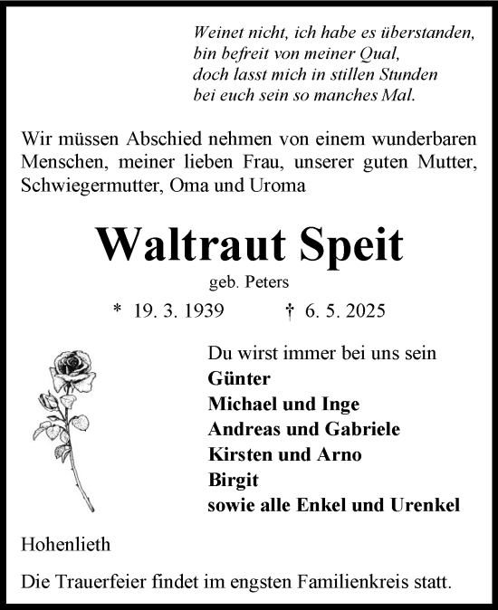 Traueranzeige von Waltraut Speit von Eckernförder Zeitung, Hallo Eckernförde