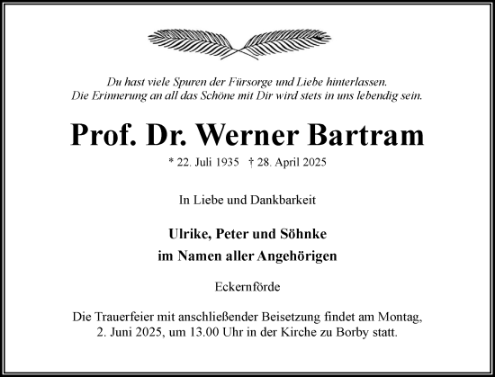 Traueranzeige von Werner Bartram von Eckernförder Zeitung, Hallo Eckernförde