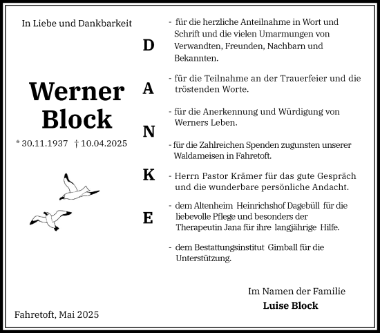 Traueranzeige von Werner Block von Husumer Nachrichten, Nordfriesland Tageblatt