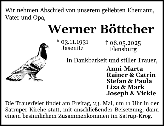 Traueranzeige von Werner Böttcher von Flensburger Tageblatt