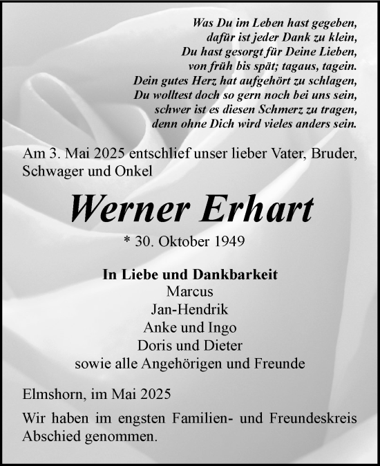 Traueranzeige von Werner Erhart von Elmshorner Nachrichten, Barmstedter Zeitung