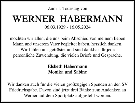 Traueranzeige von Werner Habermann von Heimatspiegel