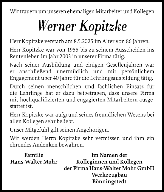 Traueranzeige von Werner Kopitzke von Region Pinneberg und tip Pinneberg