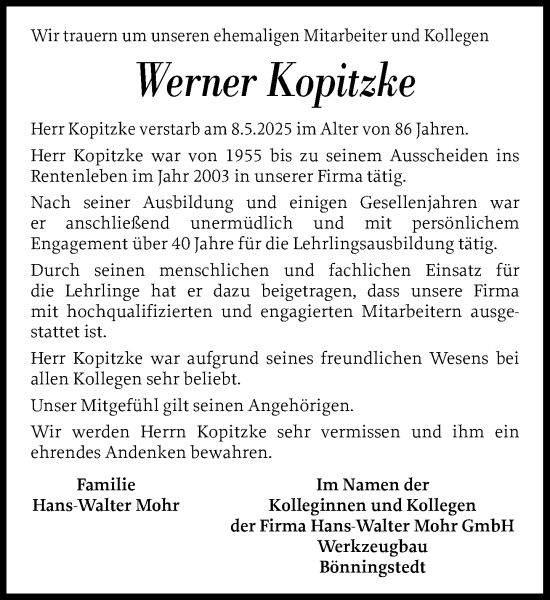 Traueranzeige von Werner Kopitzke von Umschau