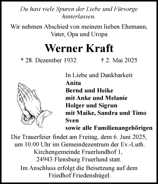 Traueranzeige von Werner Kraft von Flensburger Tageblatt