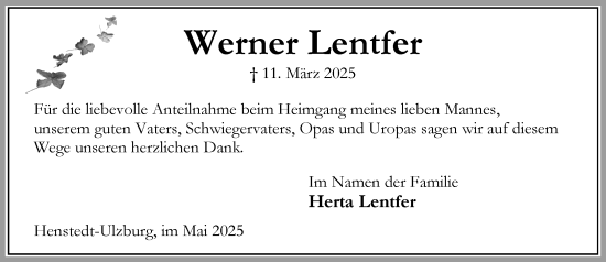 Traueranzeige von Werner Lentfer von Umschau