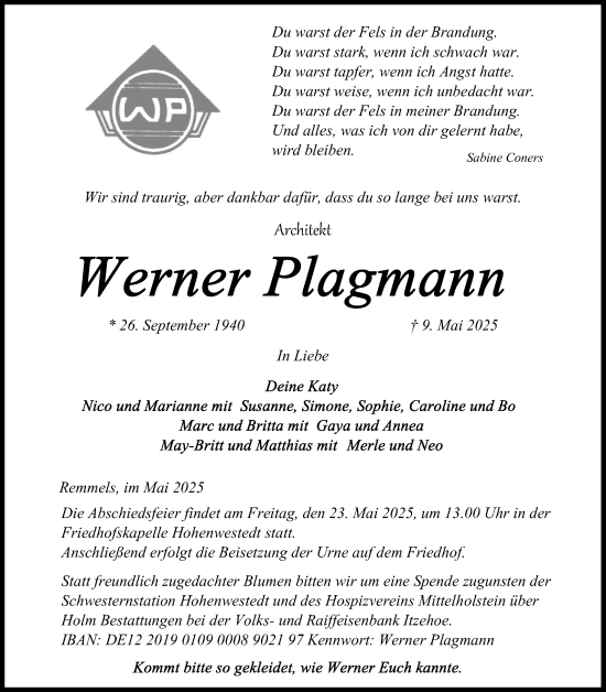 Traueranzeige von Werner Plagmann von Schleswig-Holsteinische Landeszeitung