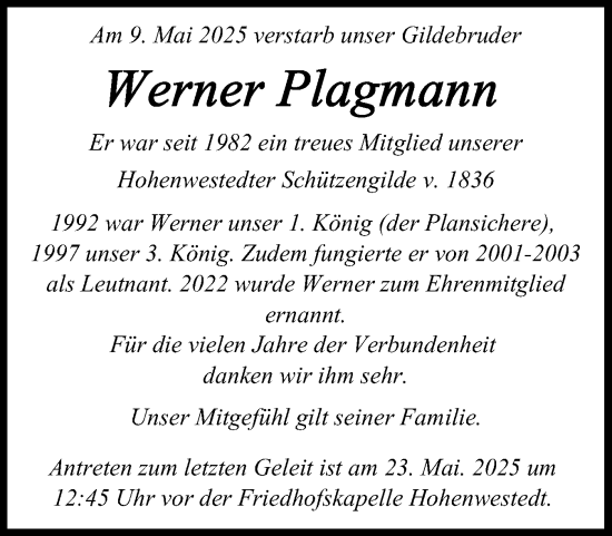 Traueranzeige von Werner Plagmann von Schleswig-Holsteinische Landeszeitung