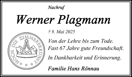 Traueranzeige von Werner Plagmann von Schleswig-Holsteinische Landeszeitung