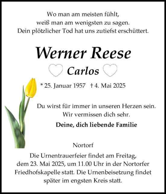 Traueranzeige von Werner Reese von Schleswig-Holsteinische Landeszeitung