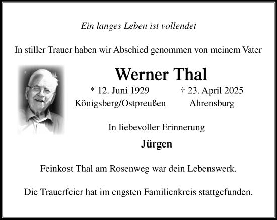 Traueranzeige von Werner Thal von MARKT Ahrensburg/Bargteheide/Trittau und Stormarner Tageblatt