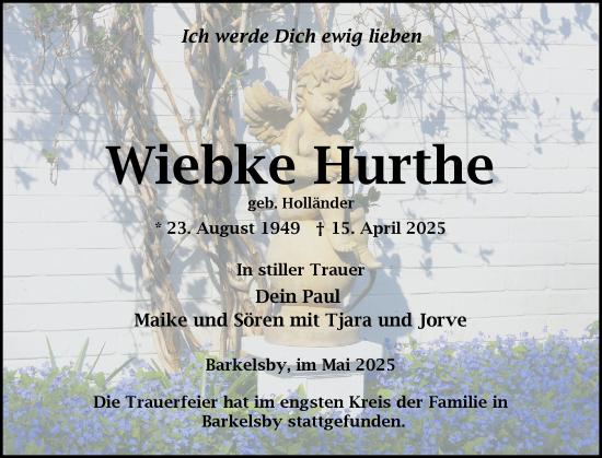 Traueranzeige von Wiebke Hurthe von Schleswiger Nachrichten, Schlei-Bote, Eckernförder Zeitung