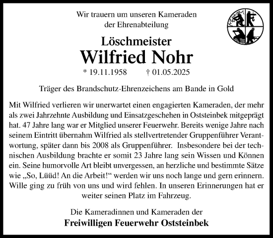 Traueranzeige von Wilfried Nohr von MARKT Glinde/Reinfeld