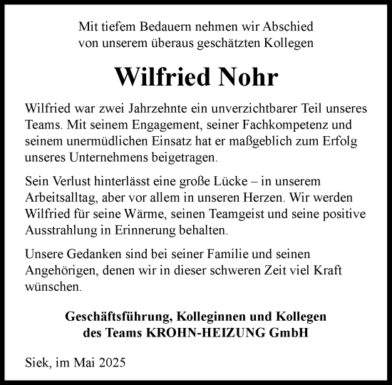 Traueranzeige von Wilfried Nohr von MARKT Ahrensburg/Bargteheide/Trittau und Stormarner Tageblatt