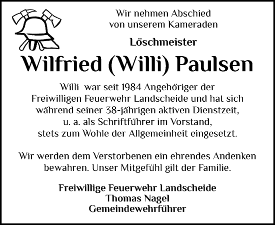 Traueranzeige von Wilfried Paulsen von Norddeutsche Rundschau, Wilstersche Zeitung, Glückstädter Fortuna