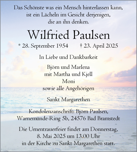 Traueranzeige von Wilfried Paulsen von Norddeutsche Rundschau, Wilstersche Zeitung, Glückstädter Fortuna