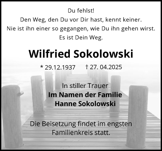 Traueranzeige von Wilfried Sokolowski von Flensburger Tageblatt