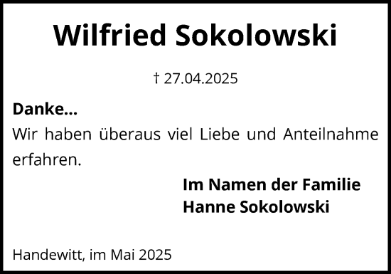 Traueranzeige von Wilfried Sokolowski von Flensburger Tageblatt