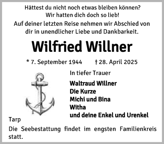 Traueranzeige von Wilfried Willner von Flensburger Tageblatt